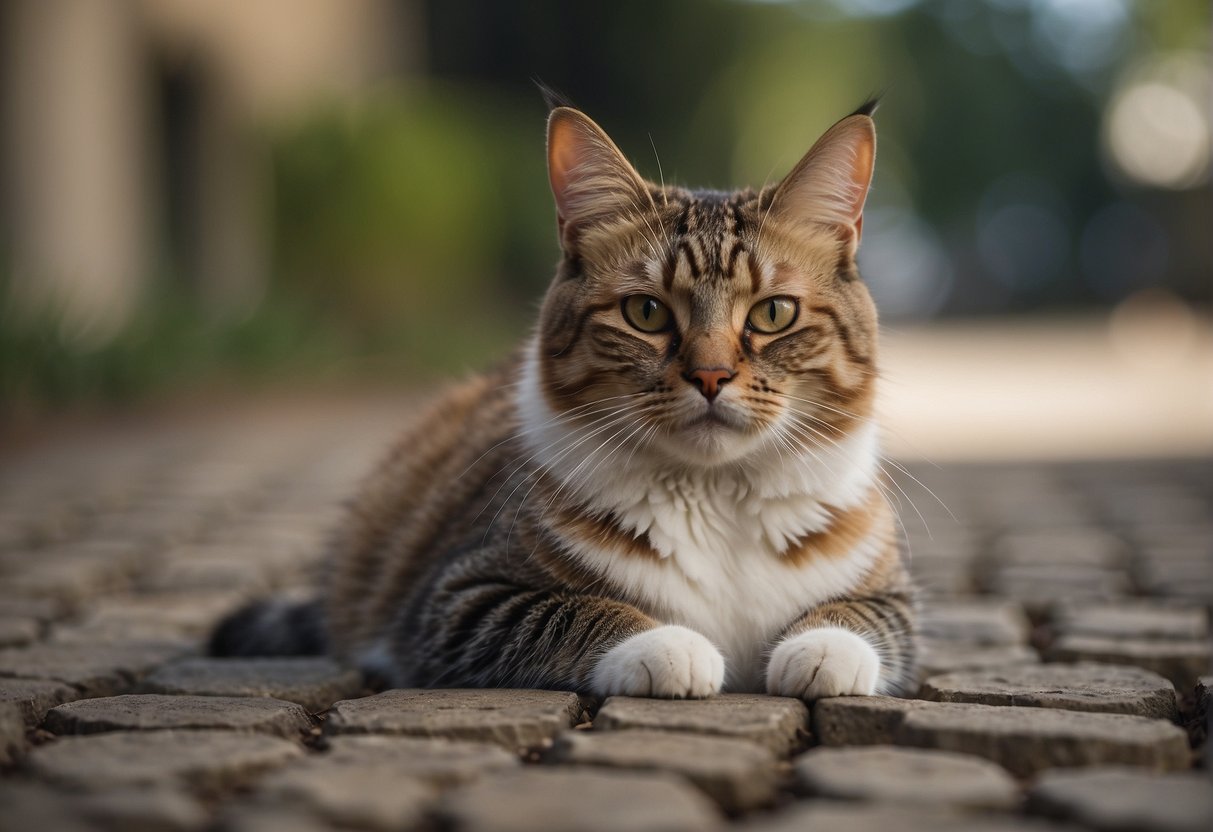 A cat sits with its head tilted, a few whiskers scattered on the ground