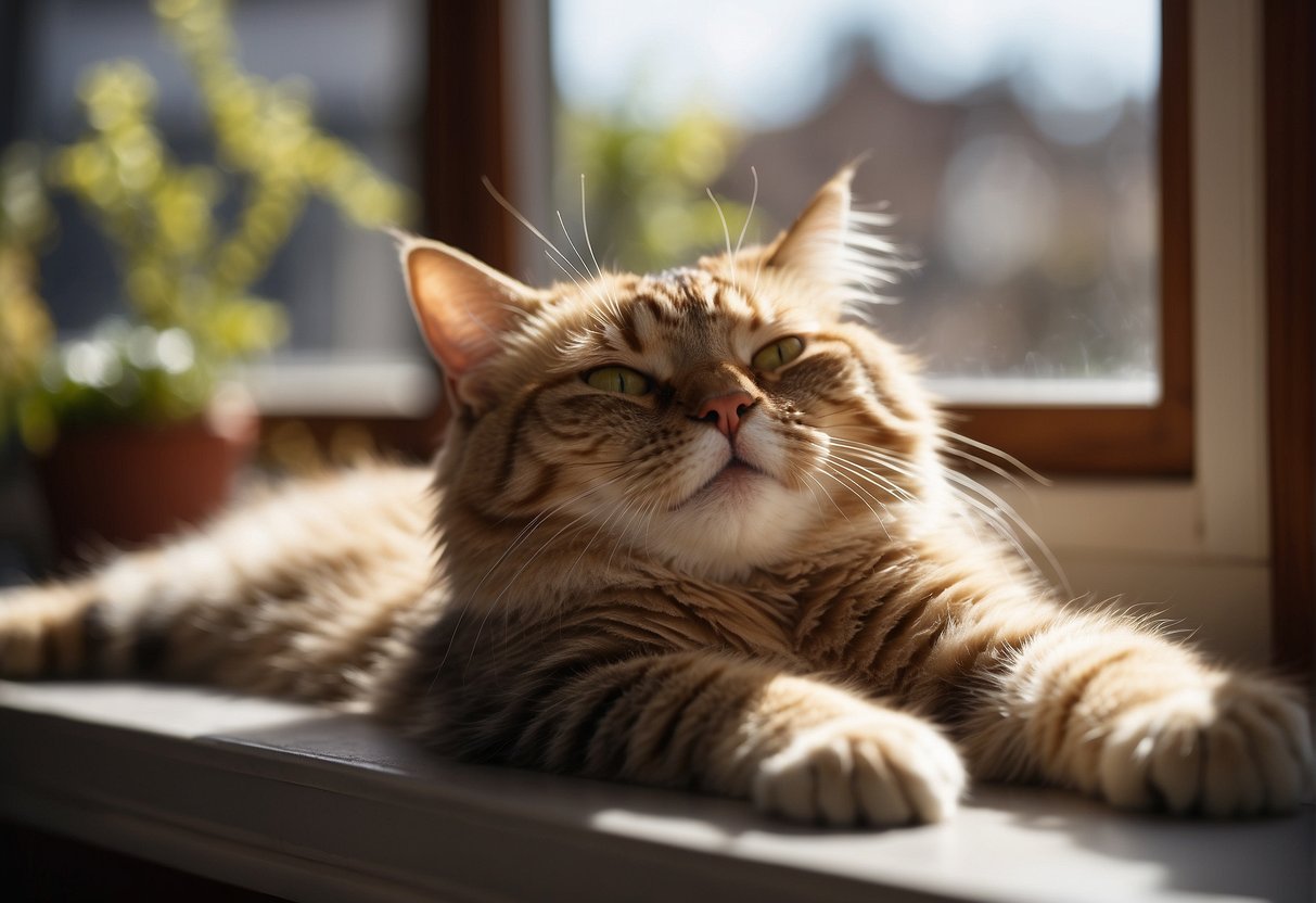A cat lays on a sunny windowsill, panting with fur fluffed, seeking relief from the heat