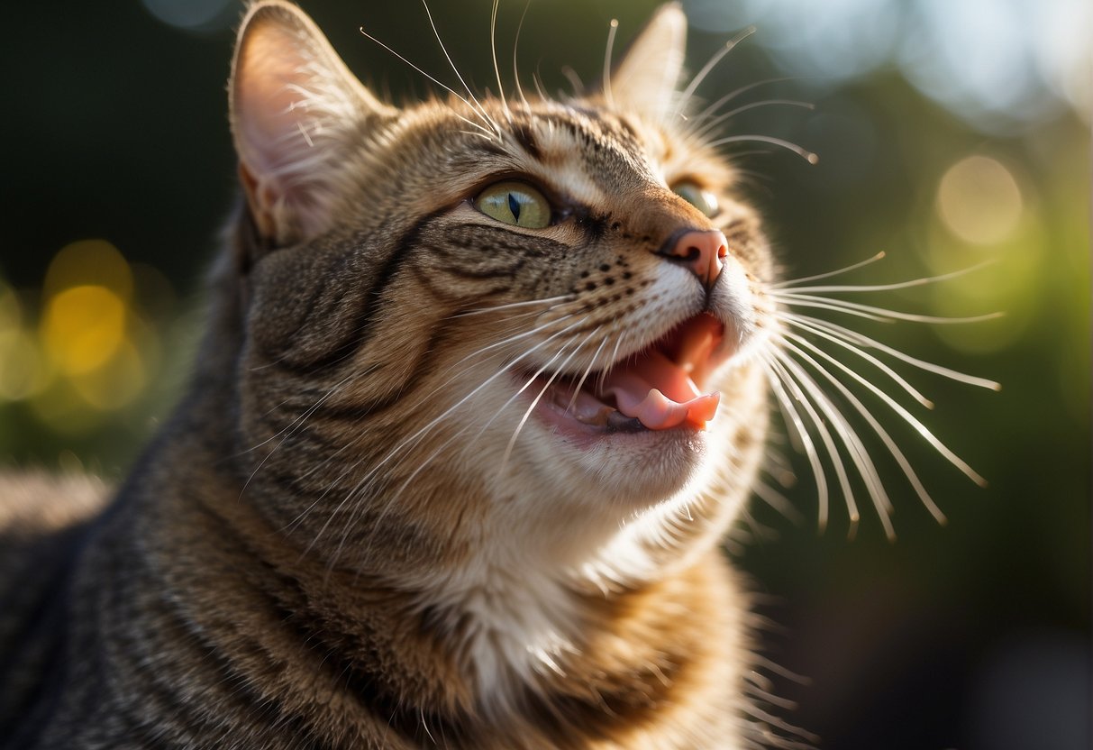 A cat sits in the sun, panting with its tongue out, while small droplets of sweat glisten on its fur