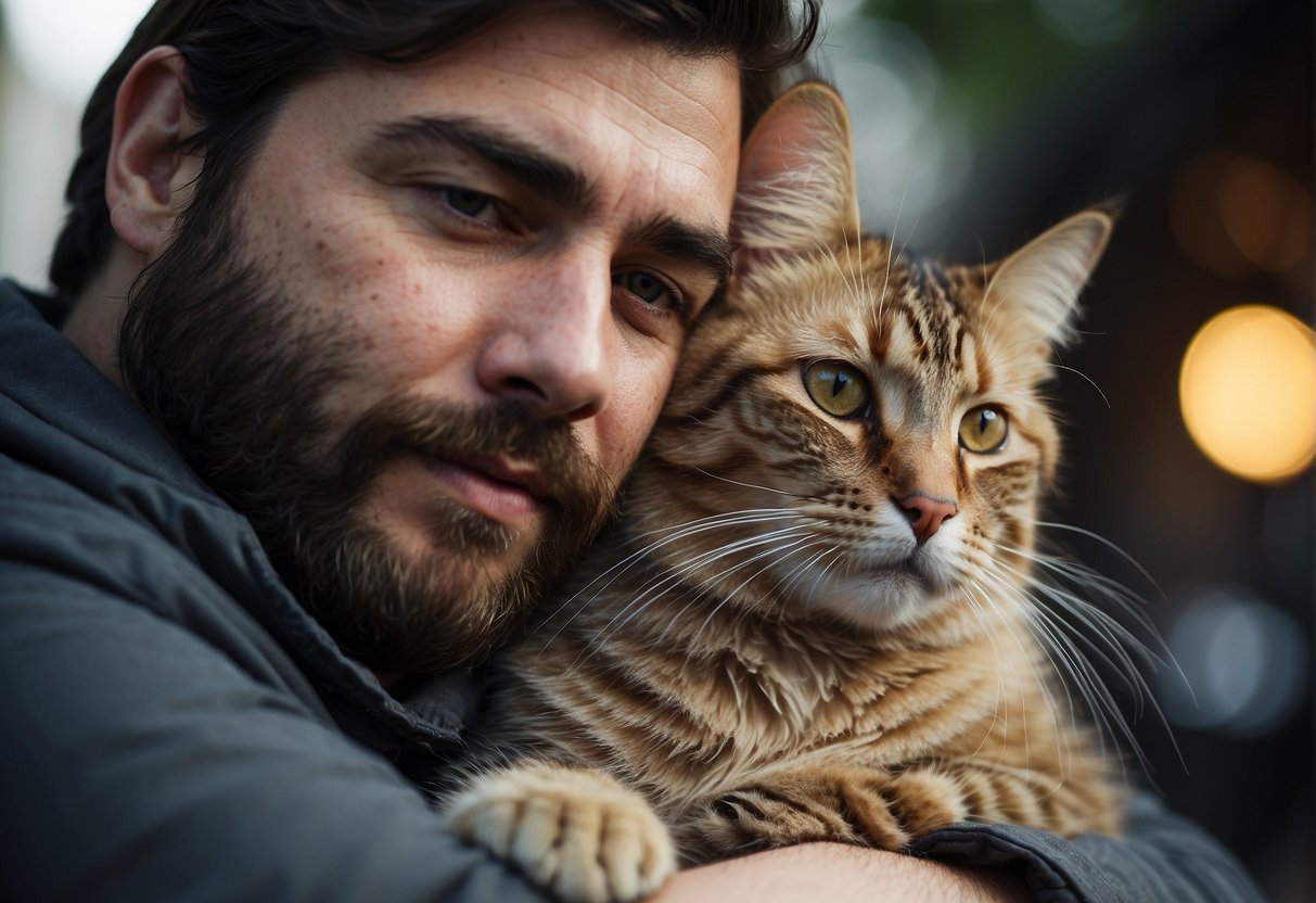A cat snuggles against a bearded face, purring contentedly