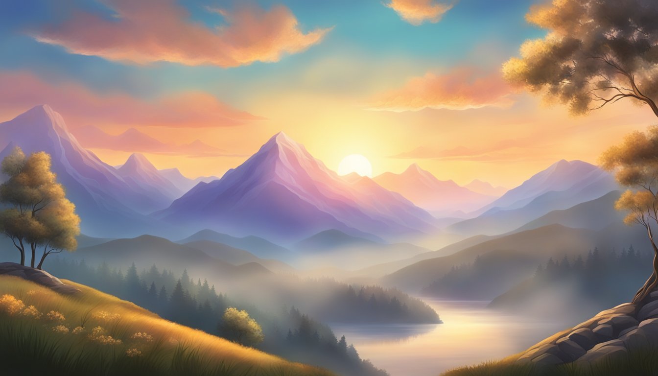 A serene landscape with a glowing sunrise over a misty mountain range, evoking a sense of spiritual and emotional significance