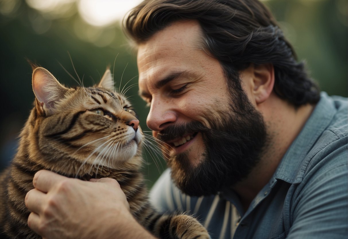 A cat nuzzles a bearded man's face, purring contentedly. The man's expression is one of amusement as he strokes the cat's fur