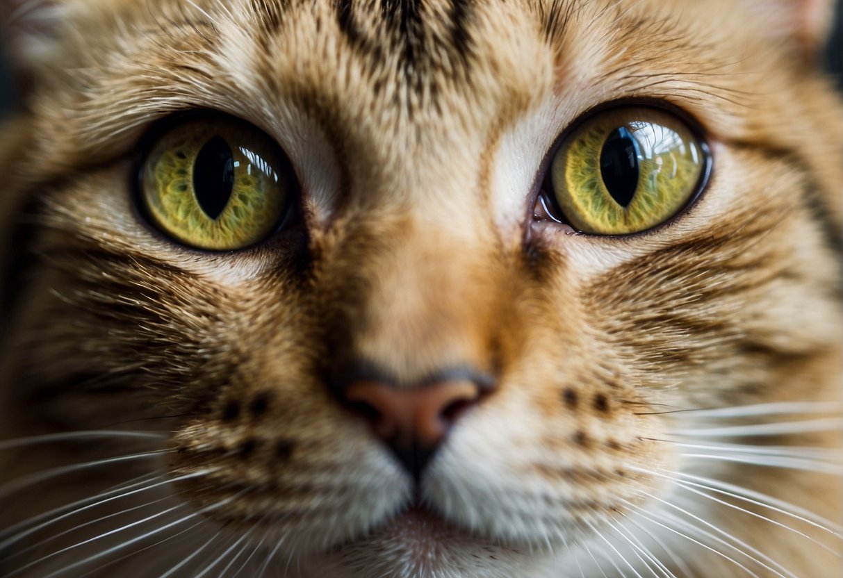 The cat's eye is swollen, with redness and discharge. It may be squinting or pawing at its eye