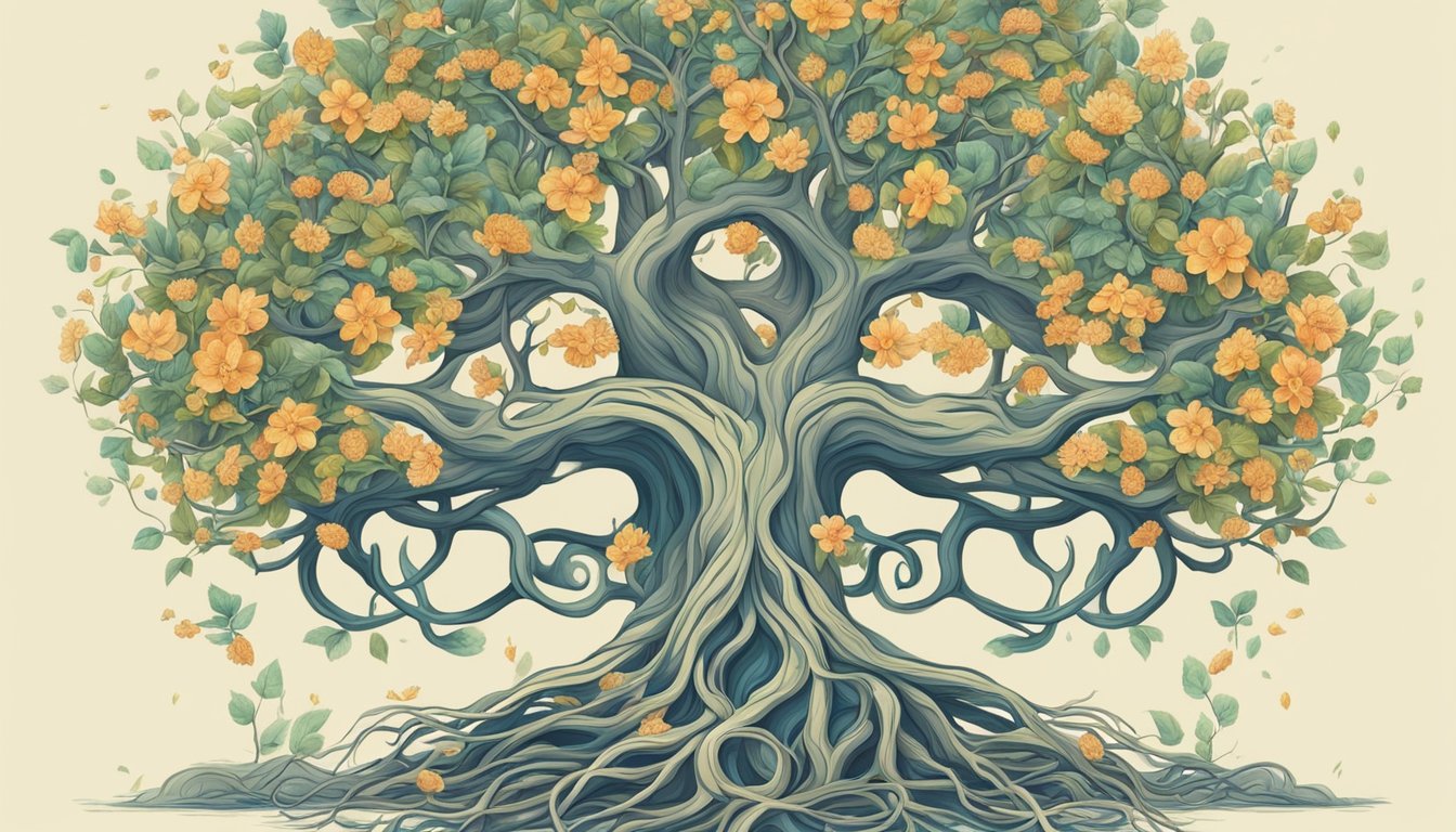 A blooming tree with intertwined roots and branches, surrounded by symbols of growth and transformation