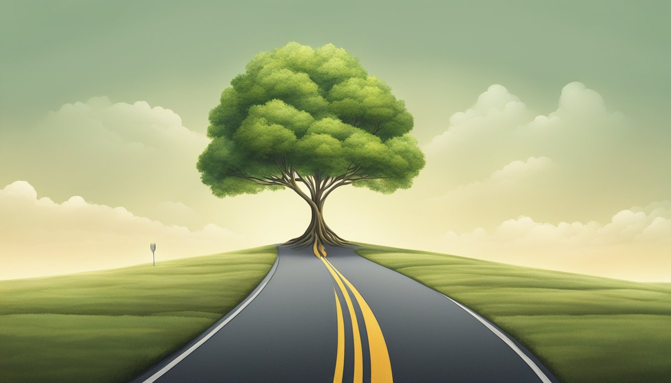 A tree growing amidst a fork in the road, symbolizing personal growth and decision-making