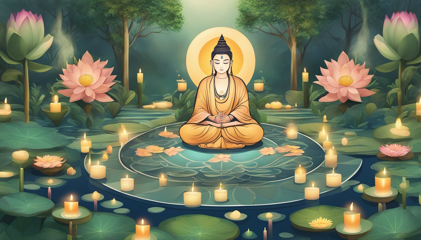 A serene garden with a lotus pond, incense burning, and a mandala in the center, surrounded by candles and sacred objects