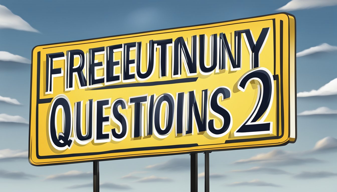 A large sign with "Frequently Asked Questions 2233 Bedeutung" displayed prominently in bold lettering