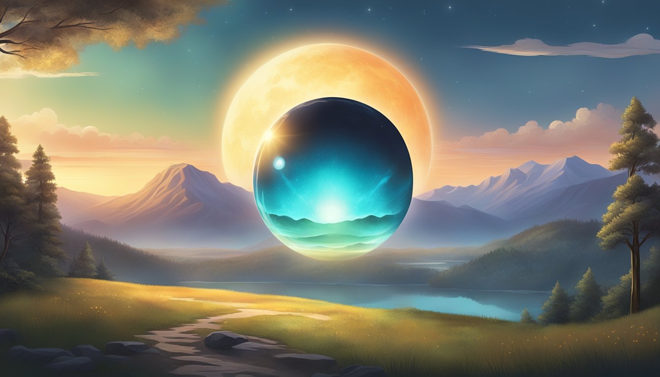A glowing orb hovers above a serene landscape, emanating a sense of mystery and wonder