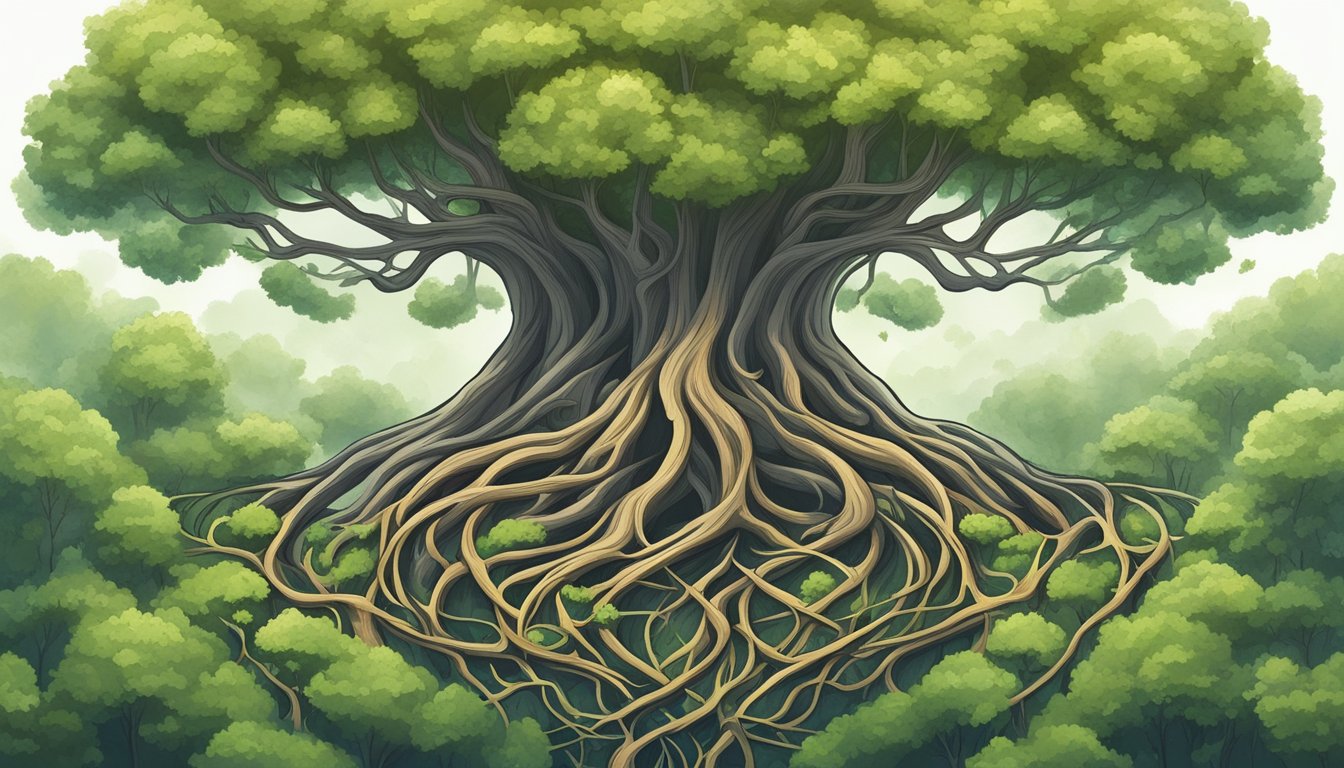 A tree growing from a small seedling, surrounded by interconnected roots, symbolizing personal growth and relationships