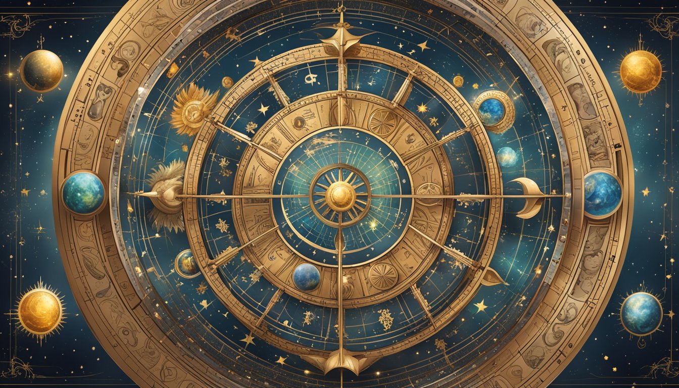 A celestial wheel with zodiac symbols and astrological signs, surrounded by mystical elements and cosmic patterns