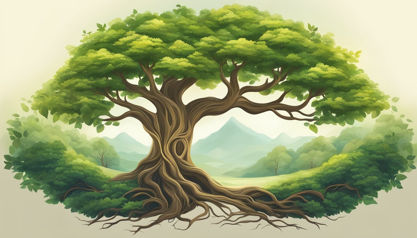 A flourishing tree symbolizing personal growth and strong connections, surrounded by intertwining roots and vibrant foliage