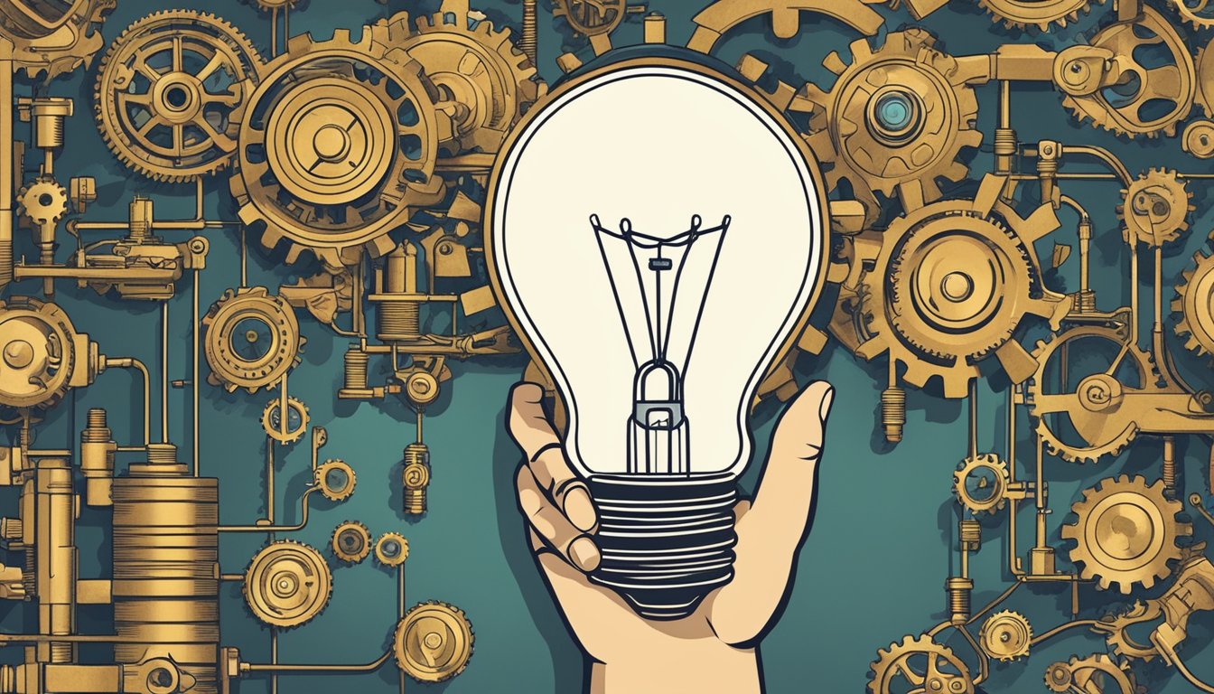 A hand reaching for a light bulb, surrounded by gears and machinery, symbolizing the practical application and significance of innovation