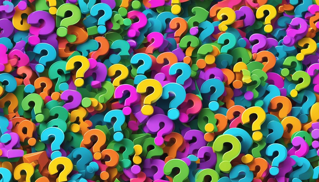 A colorful FAQ sign surrounded by question marks and exclamation points