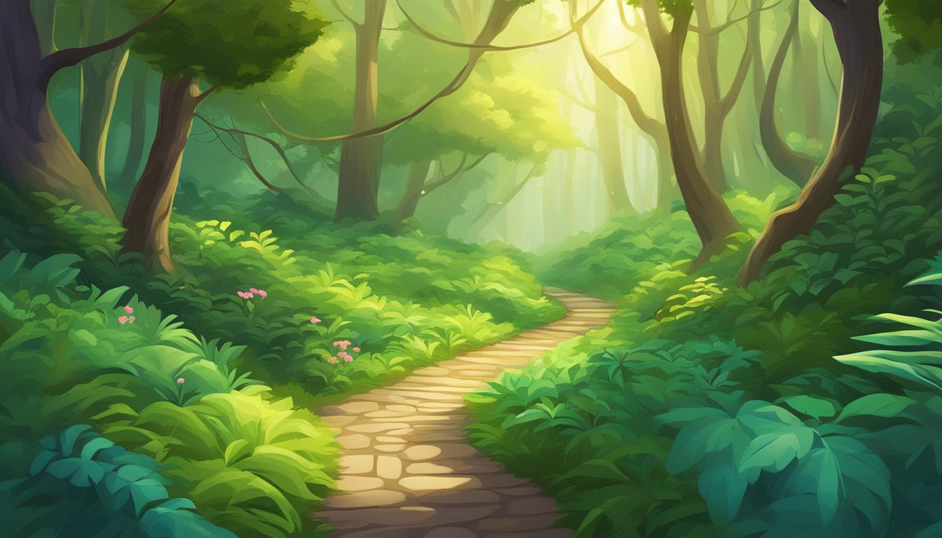 A winding path through a lush forest, with vibrant flora and a glowing light at the end
