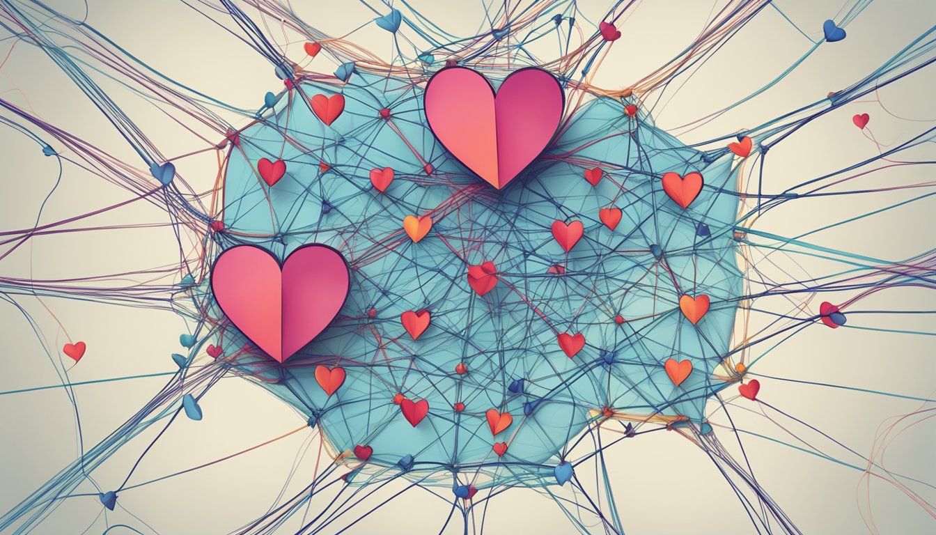 Influence on relationships and love: a tangled web of interconnected hearts, each one bearing a unique symbol of significance