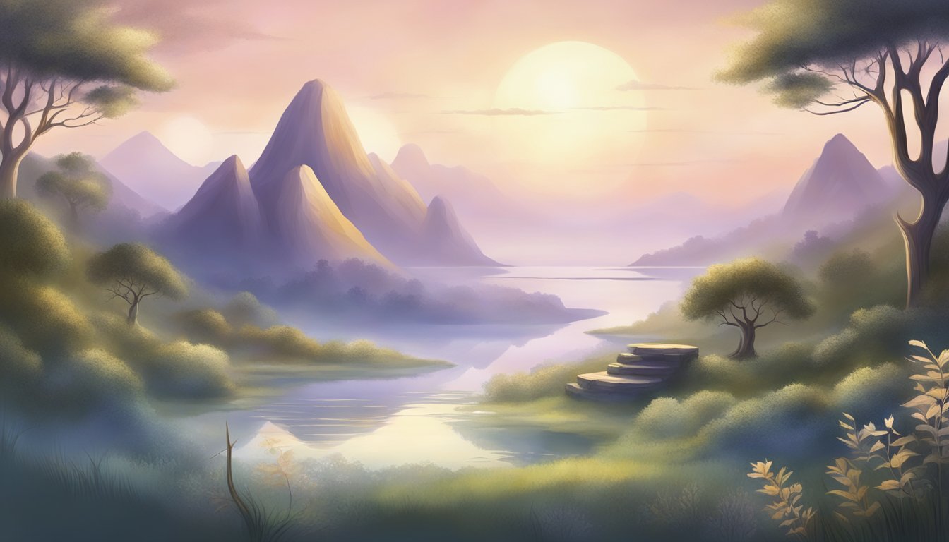 A serene, ethereal landscape with ancient symbols and spiritual elements