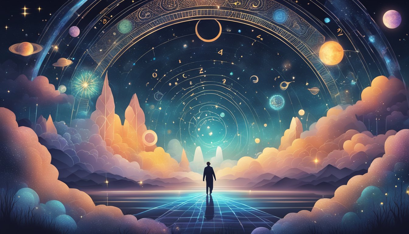 A mystical scene with numbers floating in the air, surrounded by cosmic symbols and patterns, evoking a sense of mystery and interconnectedness