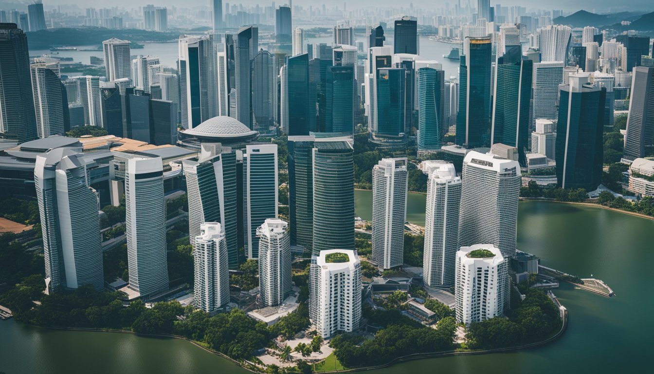 A modern cityscape with skyscrapers and residential buildings in Singapore, with a focus on the real estate market