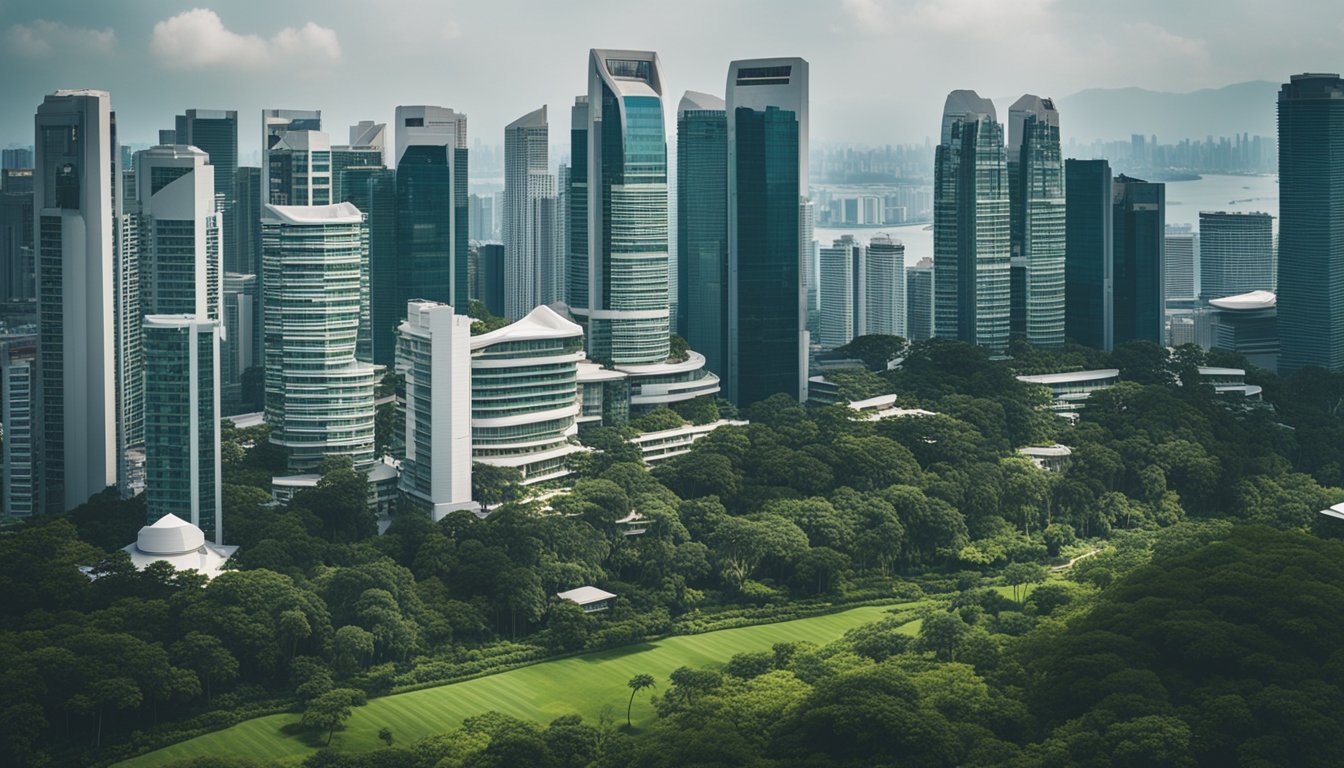 A bustling cityscape with modern high-rise buildings and lush greenery, showcasing the dynamic real estate market in Singapore