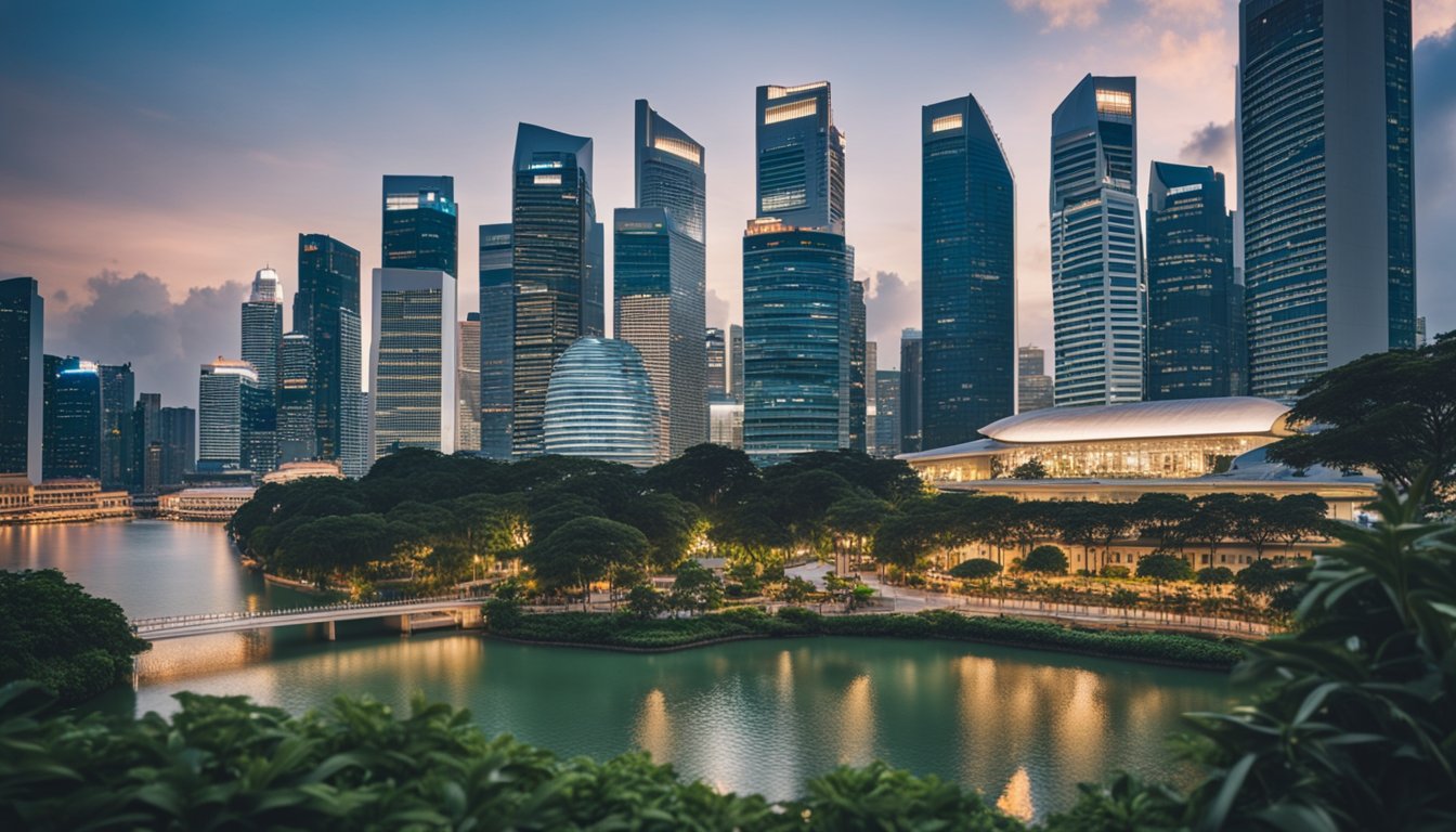 A bustling Singapore cityscape with a mix of modern high-rise buildings and traditional shophouses, surrounded by lush greenery and sparkling waterways