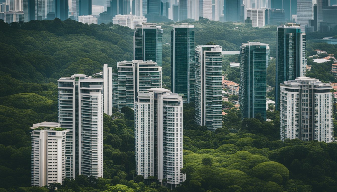 A modern cityscape with high-rise buildings and lush greenery, showcasing the urban landscape of Singapore