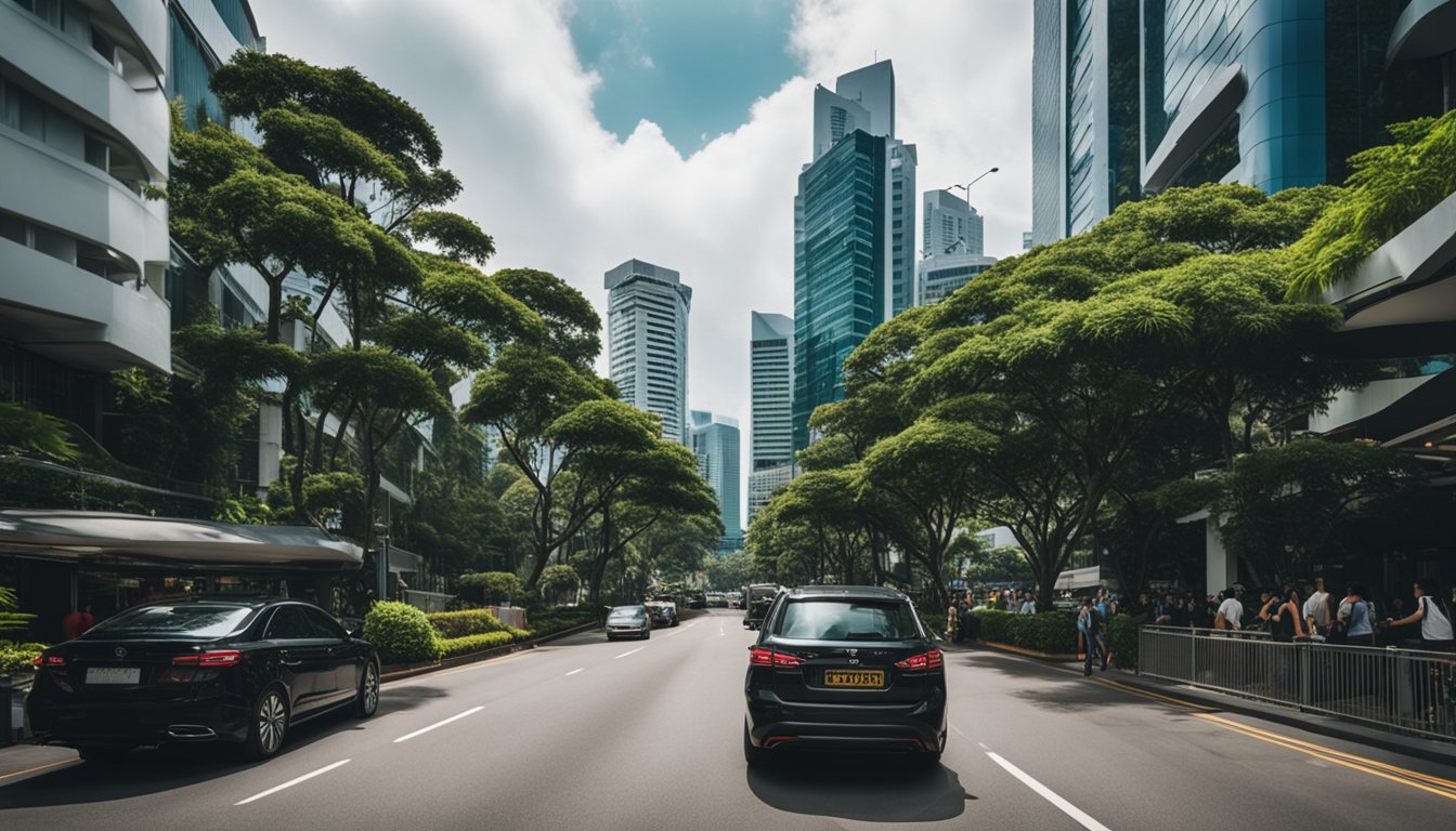 A bustling Singapore street with modern high-rise buildings and lush greenery, showcasing the vibrant cityscape and potential for real estate investment