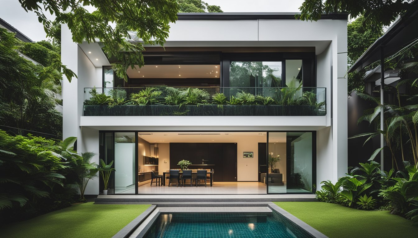 A modern house in Singapore with lush greenery, a sleek exterior, and a spacious interior with contemporary furnishings