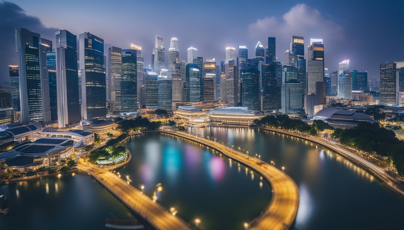 A bustling Singapore cityscape with a mix of modern high-rise buildings and traditional shophouses, showcasing the vibrant urban environment and the potential for real estate investment