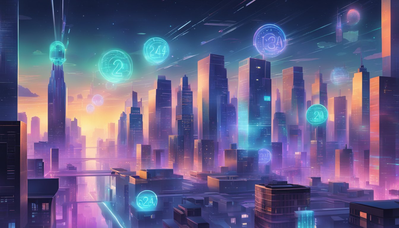A futuristic cityscape with holographic messages floating above buildings, conveying the significance of "2244" in vibrant colors
