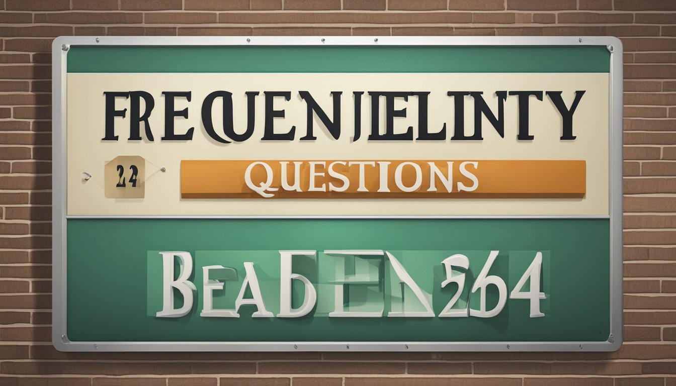 A large sign with "Frequently Asked Questions 2244 Bedeutung" displayed prominently in bold lettering