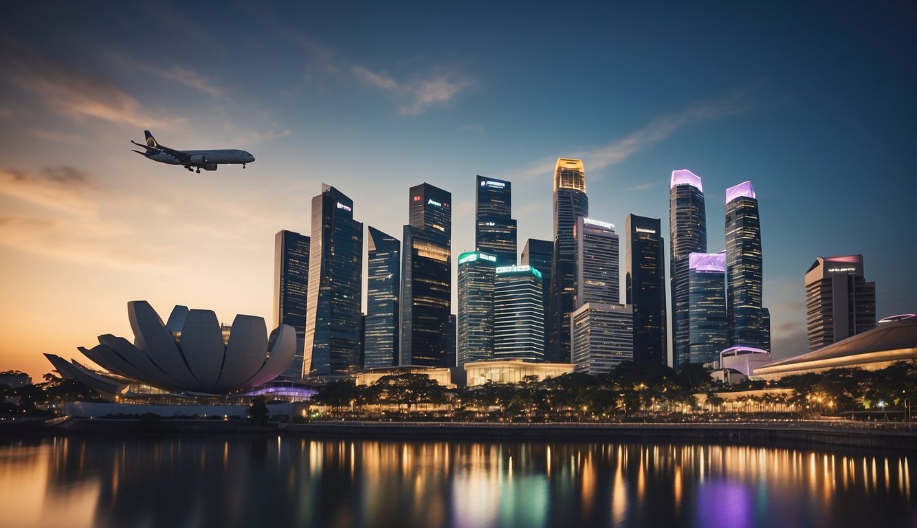 A Singapore skyline with a prominent focus on an airplane flying over the city, surrounded by various travel-related icons such as suitcases, passports, and a map of the world