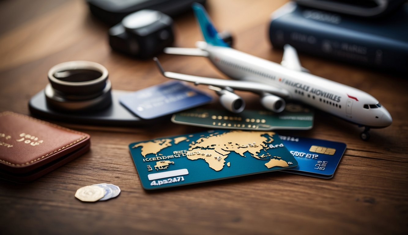A stack of credit cards with "Top Miles Cards Available" text on a table, surrounded by travel-related items like a globe, passport, and airplane model