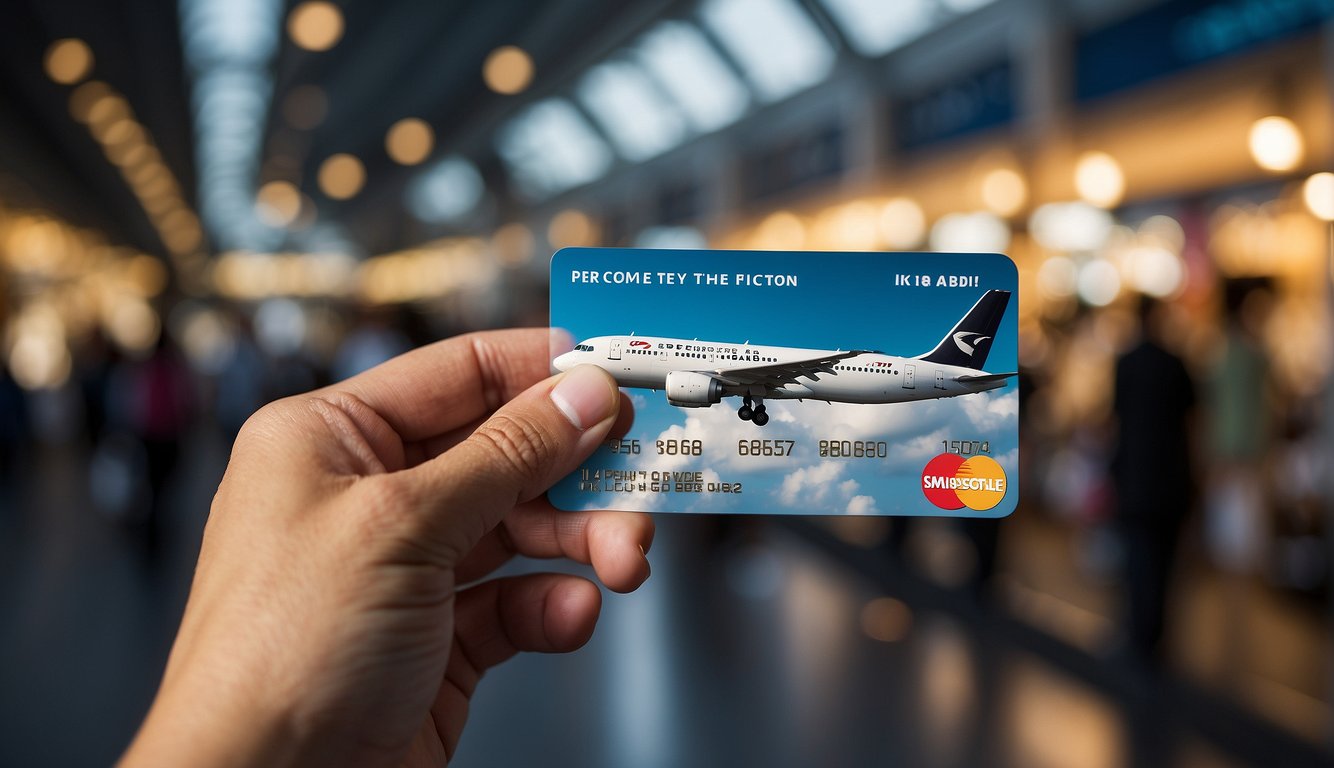 A hand holding a miles card with a plane flying above. Icons of shopping, dining, and travel surround the card, representing earning and redeeming miles in Singapore