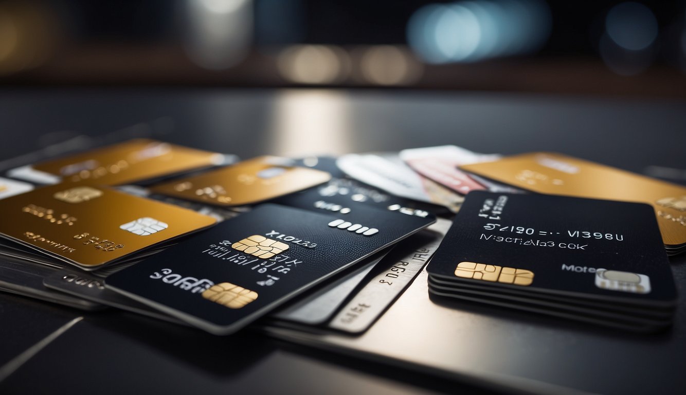 Three credit cards stand side by side on a table, each labeled with "Miles," "Points," and "Cashback." A magnifying glass hovers above, highlighting the details of each card