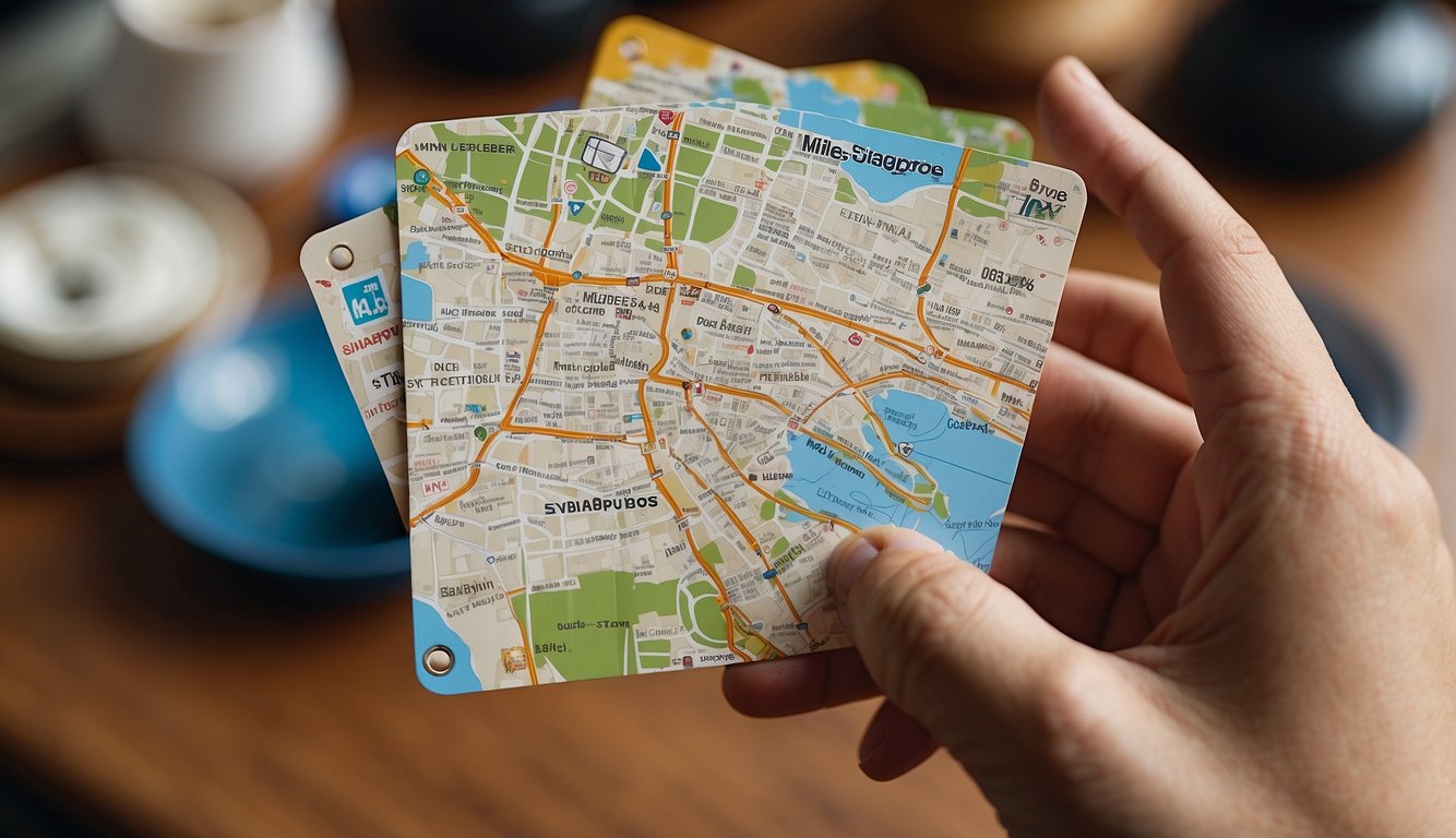 A hand holding a Miles card, with a map of Singapore in the background, surrounded by icons of travel, dining, and shopping