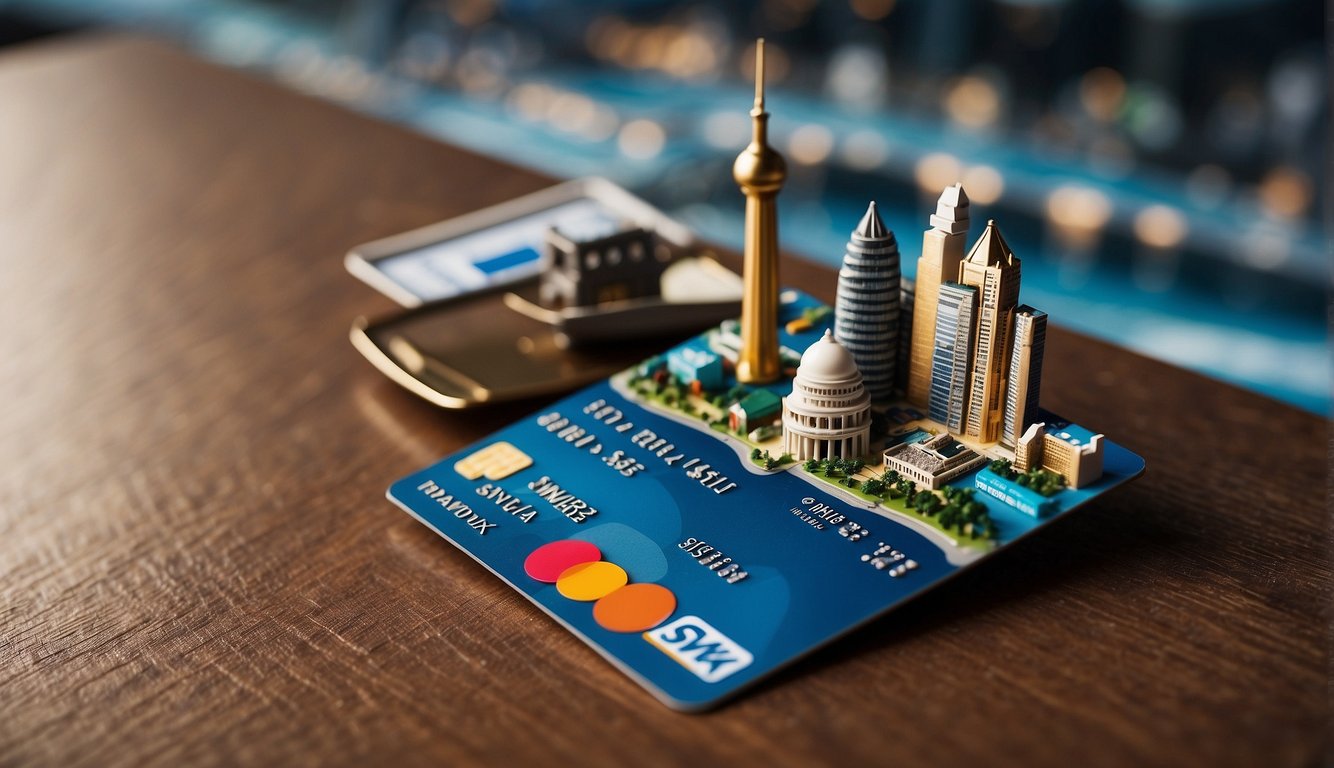 A credit card surrounded by icons of travel, dining, and shopping, with a backdrop of iconic Singapore landmarks