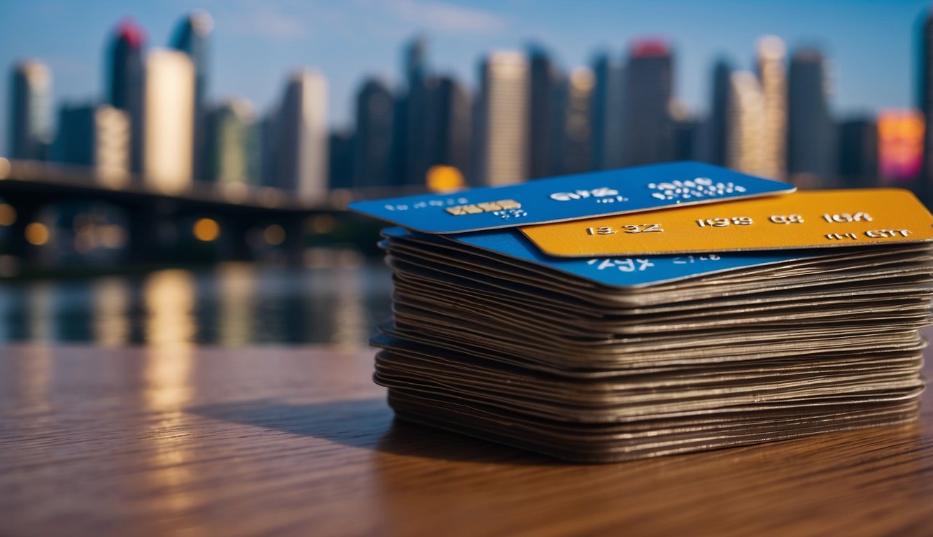 A stack of credit cards with expiry dates and mileage caps, set against a Singaporean cityscape