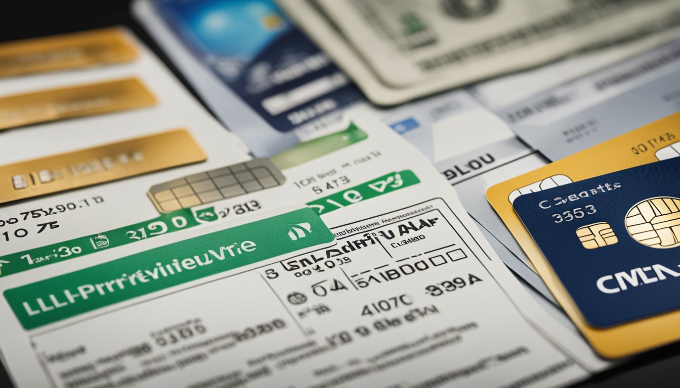 A stack of bills and credit cards converging into a single loan document, with arrows pointing towards it