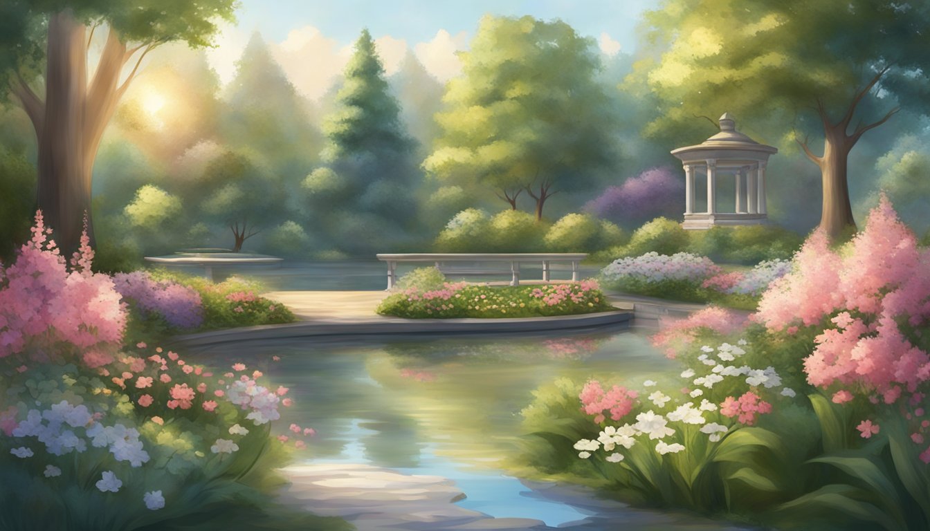 A serene, sunlit garden with blooming flowers and a tranquil pond, surrounded by tall trees and a gentle breeze