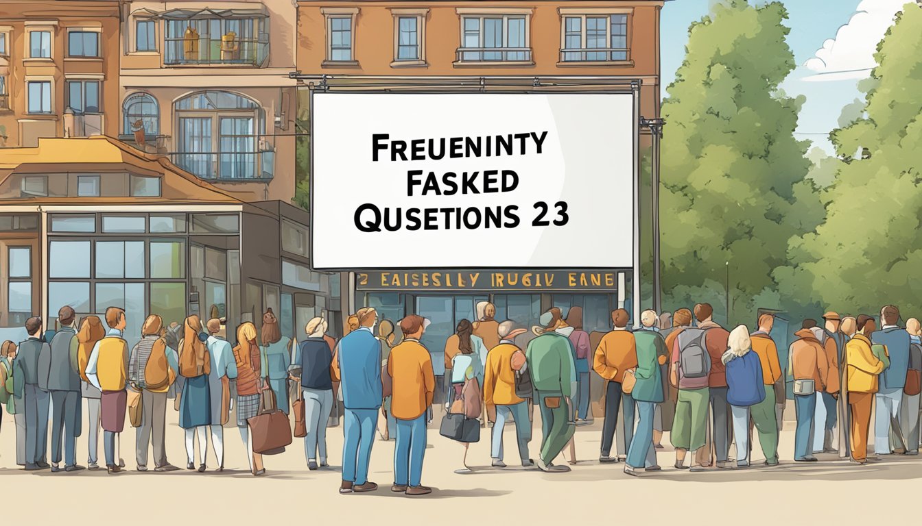 A large sign with "Frequently Asked Questions 2332 Bedeutung" displayed prominently, surrounded by curious onlookers