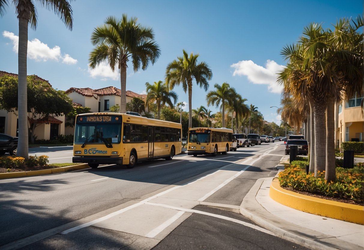 a sunny street in Boynton Beach florida with buses bikes and sidewalks