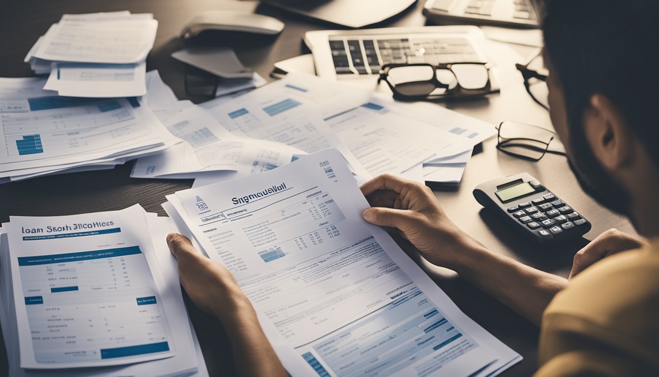 A person sitting at a desk, surrounded by multiple loan documents and financial statements. They are contemplating the idea of consolidating their debt into one loan in Singapore