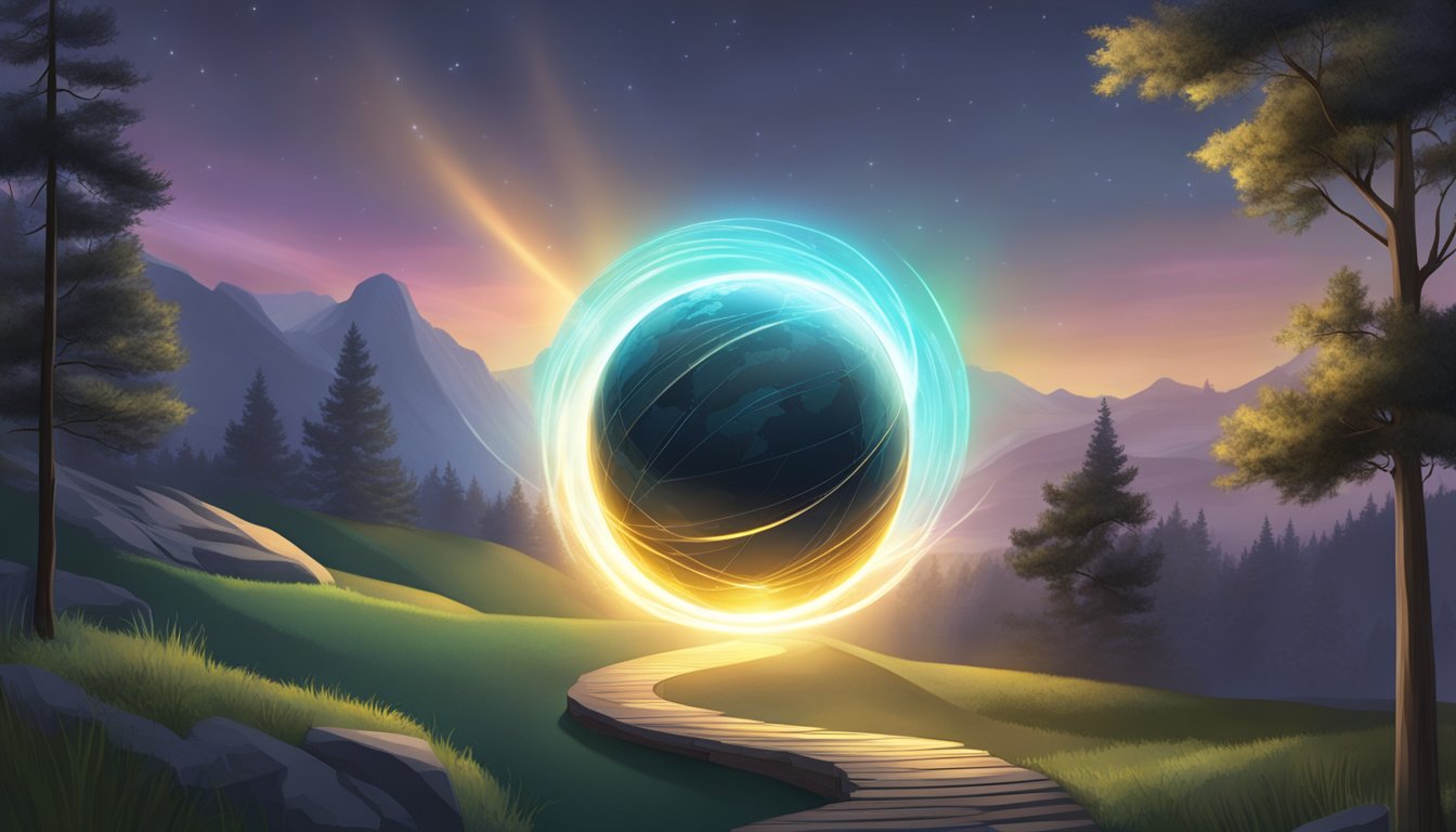 A glowing orb hovers above a winding path, guiding the way with a beam of light