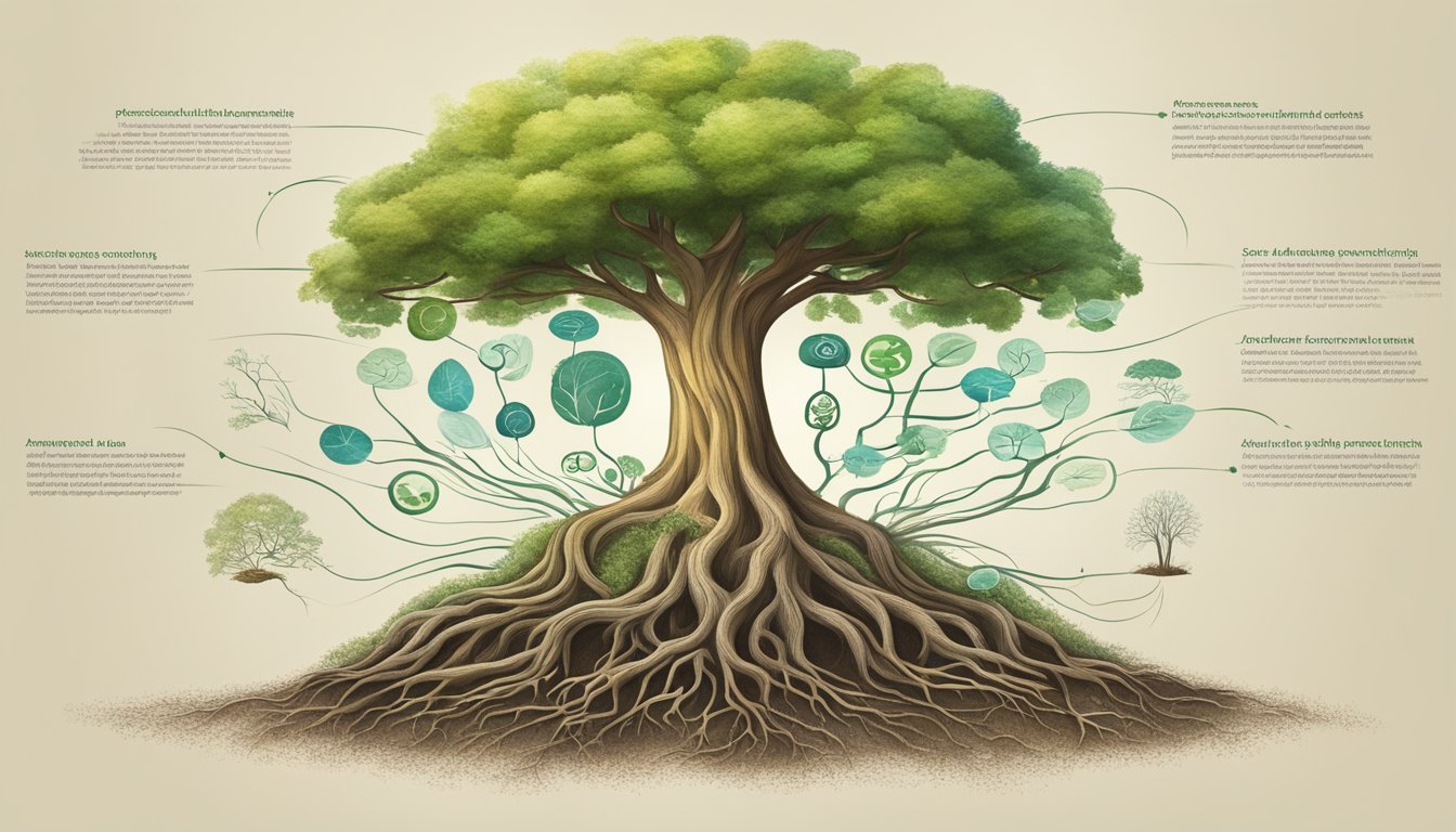 A tree with roots reaching deep into the ground, surrounded by various symbols representing practical applications and meanings