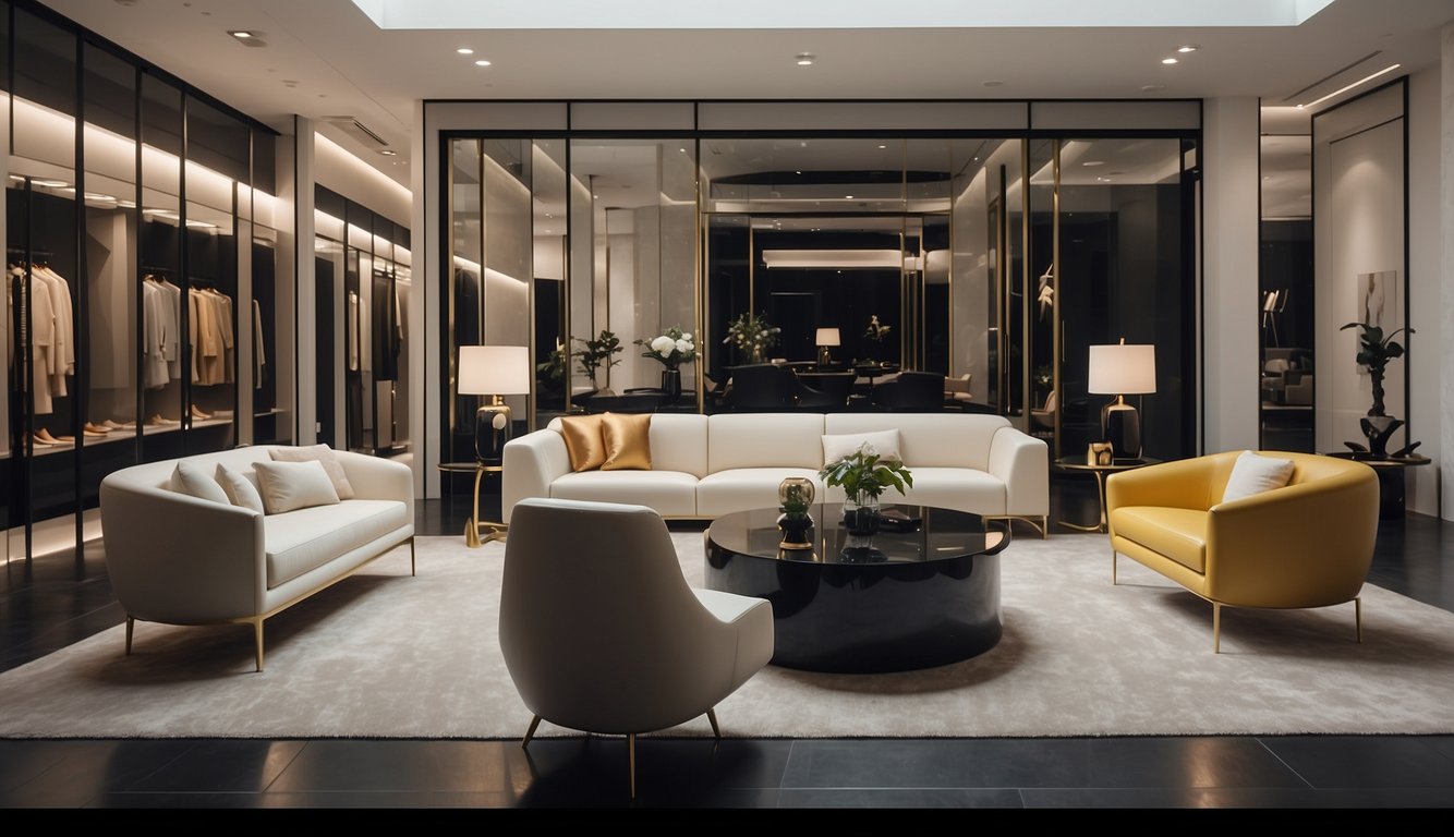 A luxurious, avant-garde showroom with sleek, modern furniture and minimalistic decor. A wall adorned with iconic Balenciaga designs, exuding sophistication and prestige