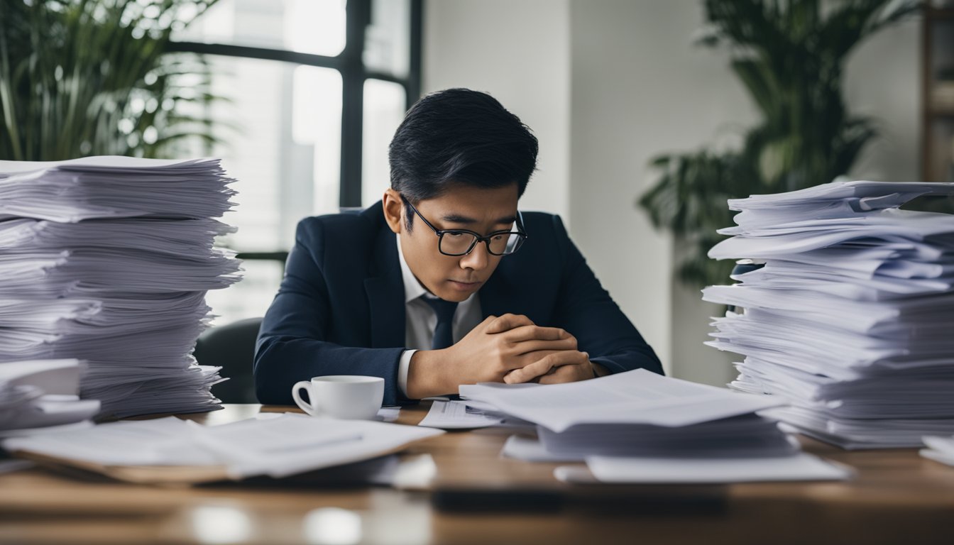 A person sitting at a cluttered desk, surrounded by paperwork and financial documents. They are contemplating the decision to consolidate their loans in Singapore, with a look of concern on their face