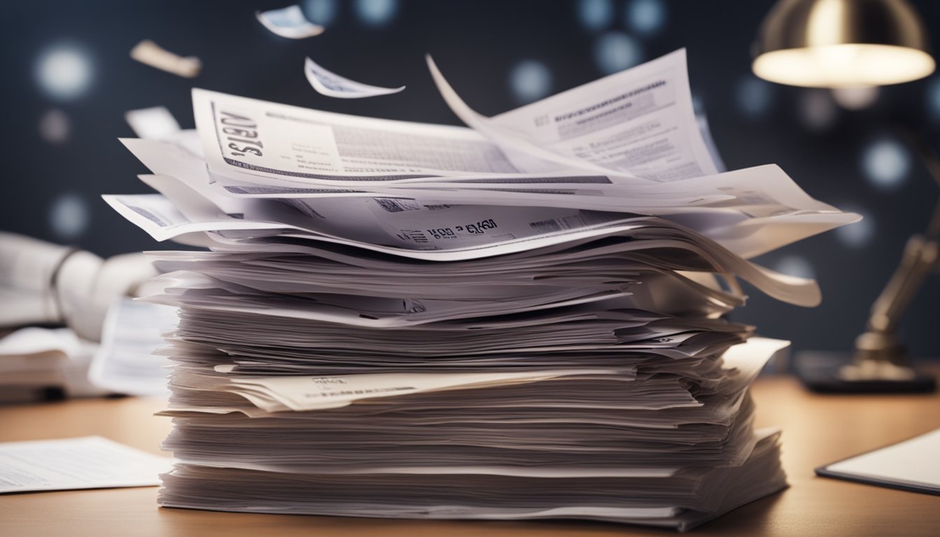 A stack of different loan documents being combined into one pile, with a large "FAQ" sign in the background
