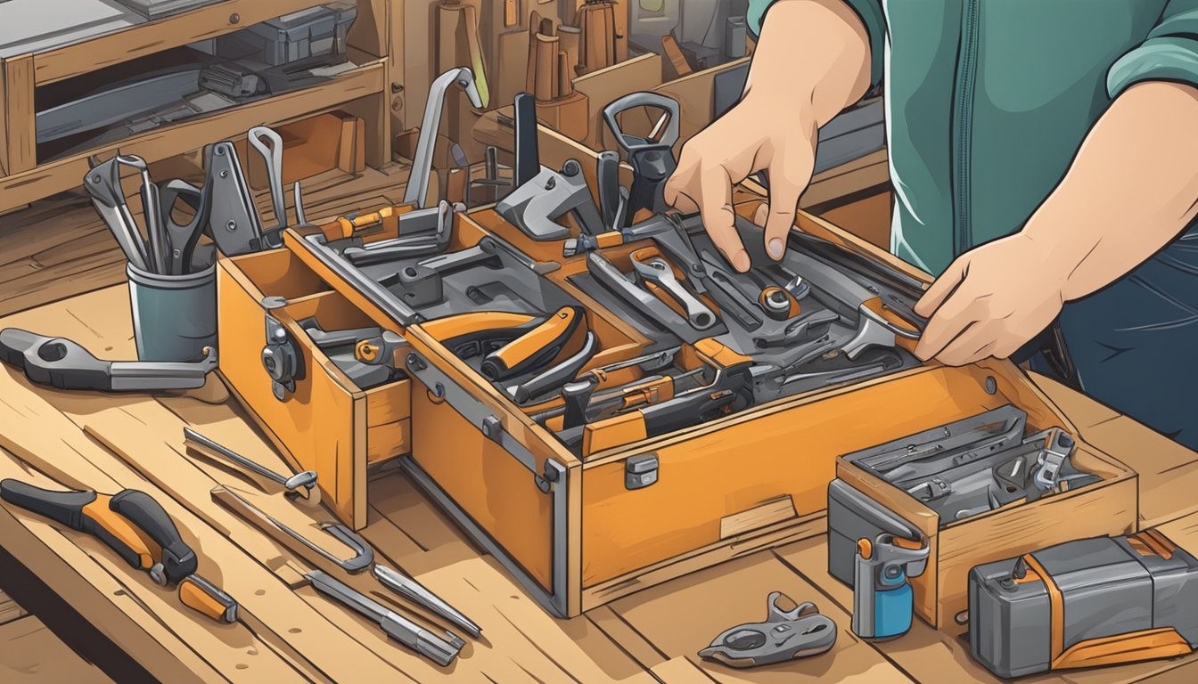 A hand reaching for a toolbox on a workbench, with various tools and equipment scattered around