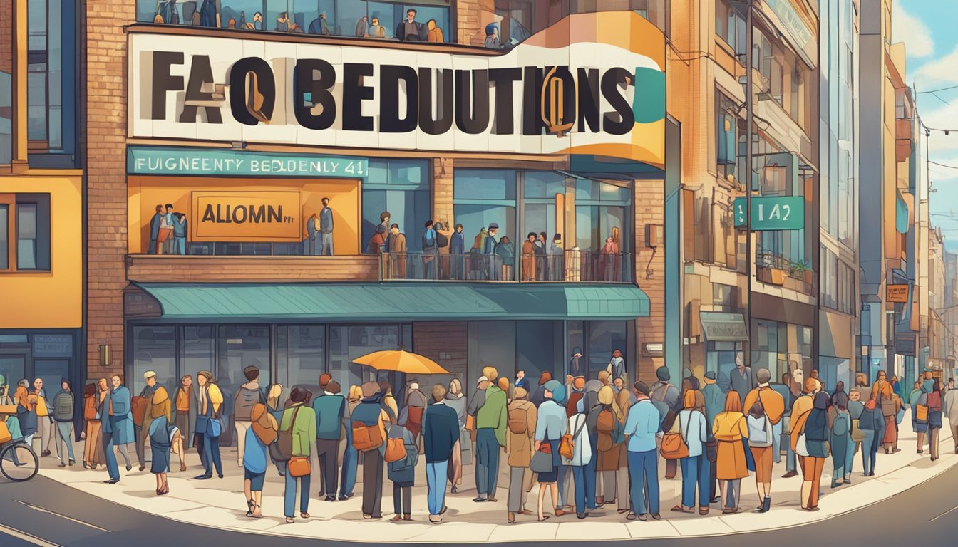 A large sign with "Frequently Asked Questions 440 Bedeutung" in bold letters, surrounded by curious onlookers and a bustling atmosphere