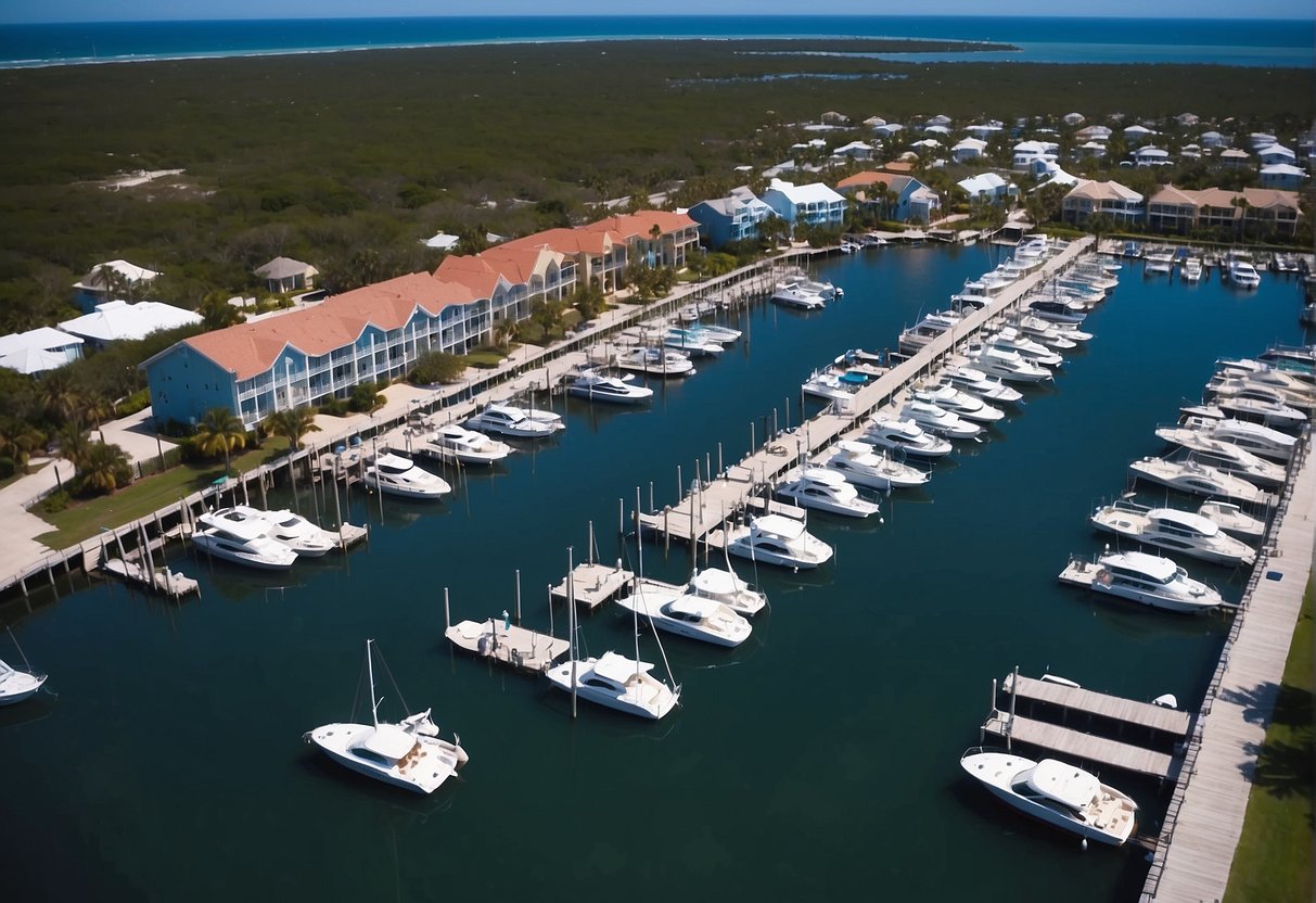 beautiful marina with boats docked a pristine beach with clear blue water and a charming boardwalk lined with shops and restaurants